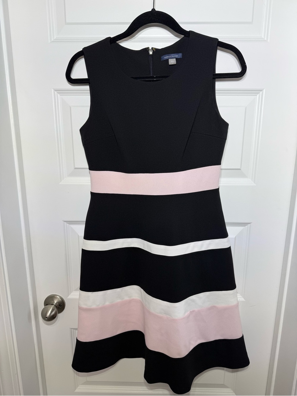 Tommy Hilfiger Black Fit-and-Flare Dress with Pink and White Stripes